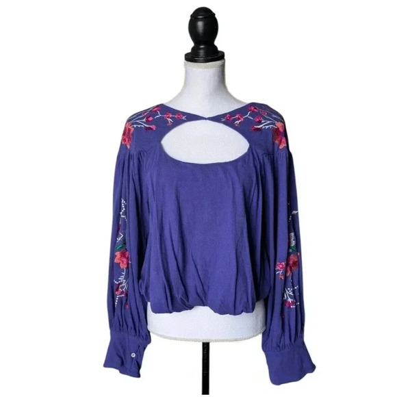 Free People Lita Blue Floral Embroidered Puff Sleeve Blouse Size Small Cutout - Picture 1 of 6